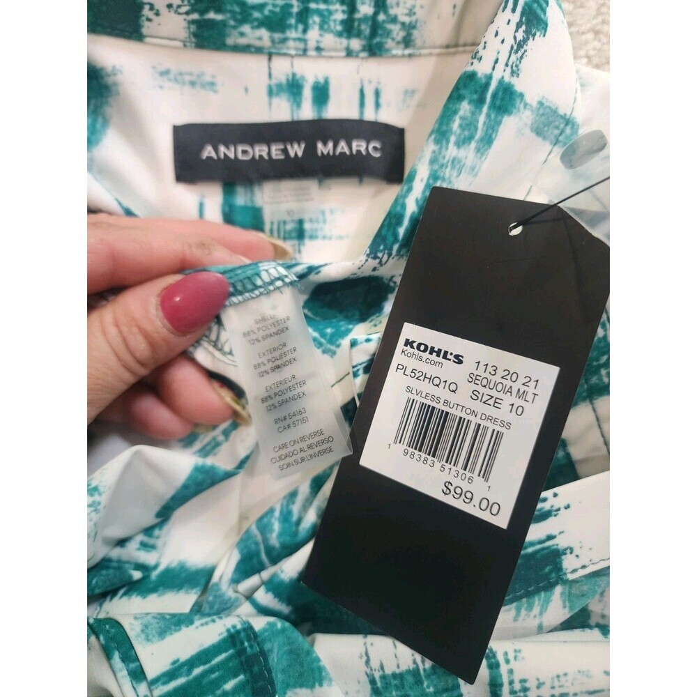 NEW ANDREW MARC WOMENS BELTED SHIRT DRESS SIZE 10 Green White Button Up - Picture 6 of 12